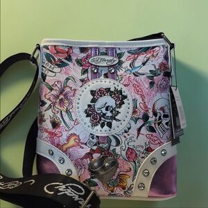 Skull, Roses & Rhinestone Crossbody Bag by Ed Hardy  NWT